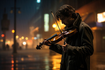 A lone violinist performing a haunting melody on a dimly lit street corner, captivating passersby. Generative Ai.