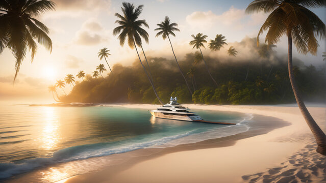 Luxury Super yacht on tropical island with palms and sunset. Extremely detailed and realistic high resolution concept design illustration