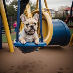 French Bulldog in a Toddler Swing on a Playground