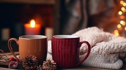 Obraz na płótnie Canvas Two mugs for tea or coffee woolen things close cozy chimney in nation house winter get-away level