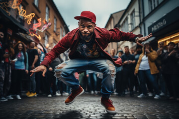 A street dancer showcasing incredible breakdancing skills, defying gravity with each move....