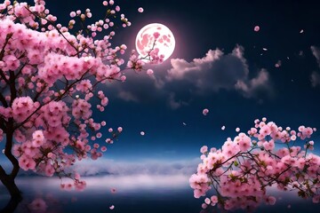 cherry blossom in the night with full moon - obrazy, fototapety, plakaty