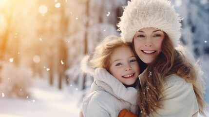 Fototapeta na wymiar Upbeat adoring family Mother and child young lady having fun playing and giggling on frigid winter walk in nature Ice winter season