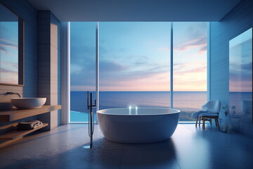Modern contemporary loft-style bathroom with sea-style nature view