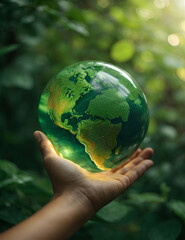 A close-up of a lush green landscape, with a pair of hands in the foreground, holding a globe of the Earth, representing the importance of Earth Day and the need to protect our environment. Save Earth