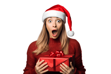 Shocked young Christmas friends woman 20s in red sweater Christmas hat with gift box with gift ribbon single on transparent background 