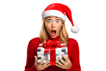 Shocked young Christmas friends woman 20s in red sweater Christmas hat with gift box with gift ribbon single on transparent background