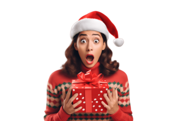Shocked young Christmas friends woman 20s in red sweater Christmas hat with gift box with gift ribbon single on transparent background 