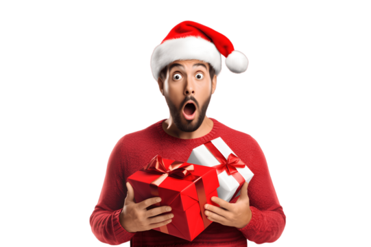 Shocked young Christmas friends man 20s in red sweater Christmas hat with gift box with gift ribbon single on transparent background 