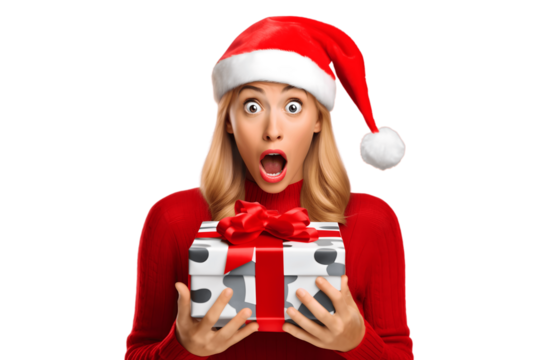 Shocked young Christmas friends woman 20s in red sweater Christmas hat with gift box with gift ribbon single on transparent background  - Powered by Adobe