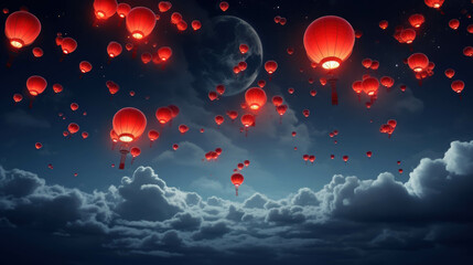 Chinese lanterns in the night sky with full moon - obrazy, fototapety, plakaty