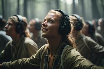 A silent disco in a forest clearing, where dancers wear wireless headphones for a surreal...