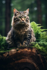 Naklejka na ściany i meble a cat with green eyes sitting on a log, generative ai 