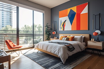 Bedroom with bed and big windows. Geometric patterns create stunning accent walls with familiar and simple shapes. Interior decorating with geometric patterns and triangles.