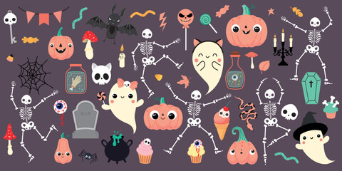 Set of elements for Halloween with cute characters