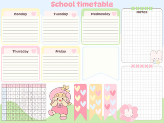 Cute School timetable weekly schedule note's reminder planer for day with kawaii cartoon character girl on soft color pink blue
