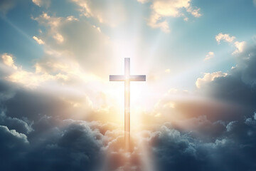 Christian cross appears bright in the sky background and soft clouds. with the light shining as Love. hope and freedom of God Jesus, generative ai 