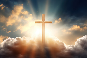 Christian cross appears bright in the sky background and soft clouds. with the light shining as Love. hope and freedom of God Jesus, generative ai 