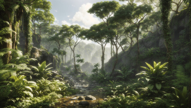 A captivating image of a tropical jungle with pond surrounded with palm trees - AI Generative