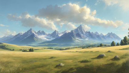 Fototapeta premium Wide green landscape with soft distant mountains - AI Generative