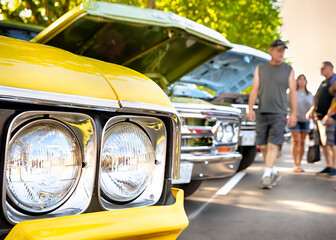 Classic cars on displays at automotive show.