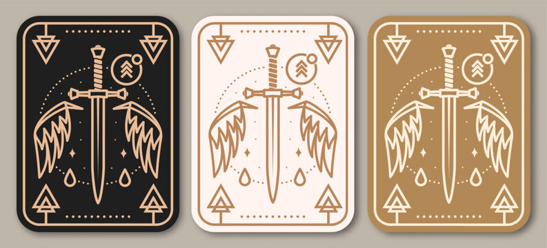 Esoteric symbols poster, banner. Vector. Thin line geometric badge. Outline icon for alchemy or sacred geometry. Mystic and magic design with dagger and wings