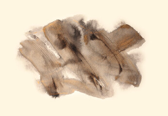 Beige, gold, brown ink and watercolor smoke brush stroke stain blot on wet paper texture background.