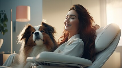 a long-haired dog blissfully enjoying grooming and cuddles while seated on a young woman's lap. The backdrop is a serene white interior, emphasizing the love and care shared between the pet.