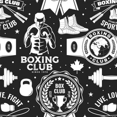 Boxing club seamless pattern. Vector. Background with Boxing sport club emblem, sign, patch. Concept for background or wallpaper with Boxer, gloves, boxing jump rope and shoes silhouette