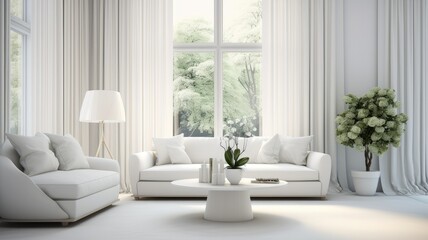a modern white living room interior. Showcase the beauty of the room with large, billowing curtains on the window that bring in soft natural light.