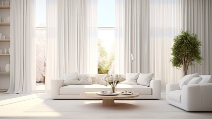 Fototapeta na wymiar a modern white living room interior. Showcase the beauty of the room with large, billowing curtains on the window that bring in soft natural light.