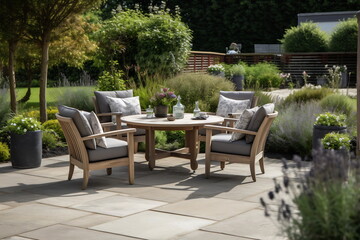 Elegant cozy garden furniture on terrace of suburban home