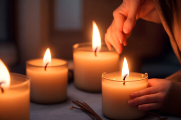 Obraz na płótnie Canvas A close-up of a person's hand lighting scented candles to create a warm and inviting Thanksgiving atmosphere. Generative AI