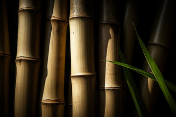 A close-up photo of a group of bamboo stalks on a black background