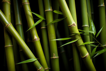 Green bamboo stalks and leaves on a black background