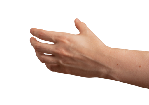 Hand holding something, grabbing product with dorsal side, isolated on white