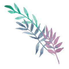 Hand drawn watercolor decorative eucalyptus or palm branches with colorful leaves: purple, mint, navy blue. Good for prints design, wedding invitations, greeting cards, posters, packing, textile