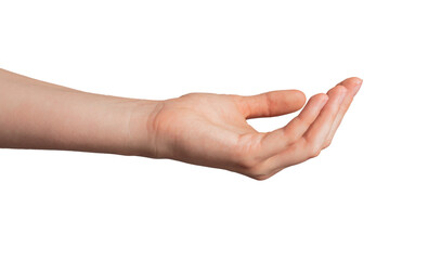 Hand palm holding something, handful of smth, isolated on white