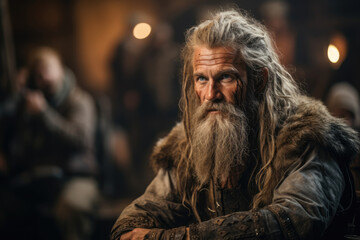 Obraz premium A Scandinavian storyteller dressed as a Viking, recounting Norse mythology to a rapt audience. Generative Ai.