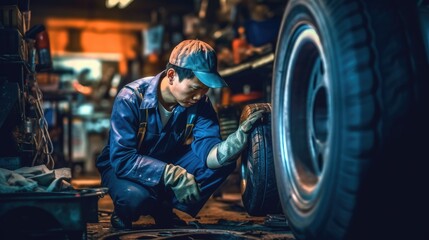 A mechanic repairing car tires