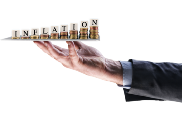 Hand holding a stacked gold coins. Stack of coins. No background. Inflation text. PNG, Transparent