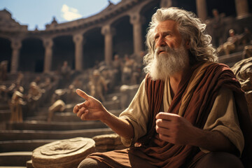 A Greek storyteller using ancient amphitheater ruins as a backdrop to narrate myths from antiquity. Generative Ai.