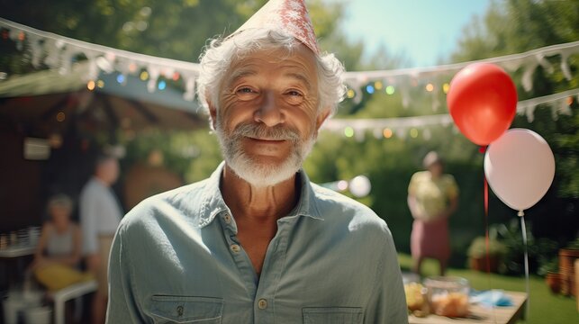 close-up portrait of a happy grandfather celebrating 70th birthday with loved ones on a sunny day