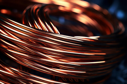 A copper wire coil with a shiny surface and a dark background, creating a contrast of light and shadow