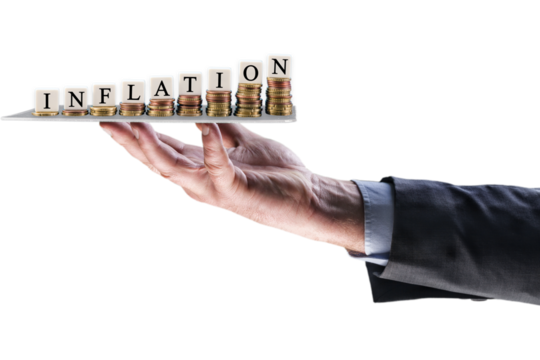 Hand holding a stacked gold coins. Stack of coins. No background. Inflation text. PNG, Transparent - Powered by Adobe