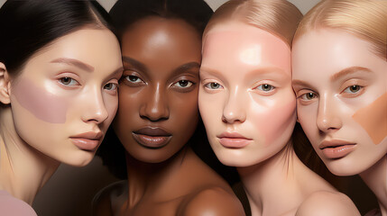 Portrait of a group of women of different ethnicities with different skin color. Creative concept of choosing foundation depending on skin color, palette of foundation.