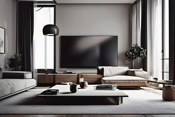 Minimalist modern living room with TV, interior
