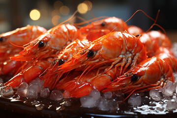 big plate of boiled shrimp close up