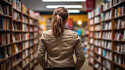 A woman wandering among the bookshelves in the library