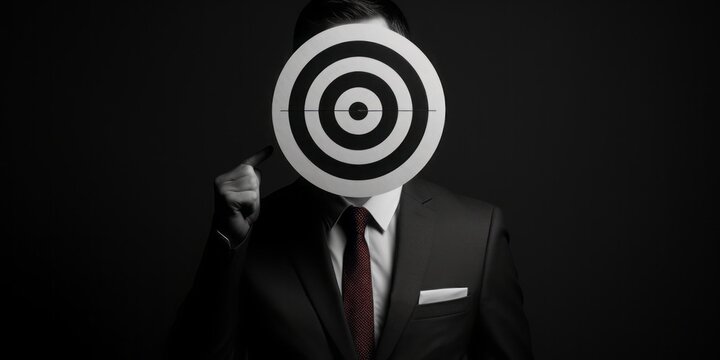 Aiming for Success: A Man in Business Suit Holds a Target to His Face, Symbolizing Ambition, Precision, and Determination in Pursuit of Career and Business Objectives